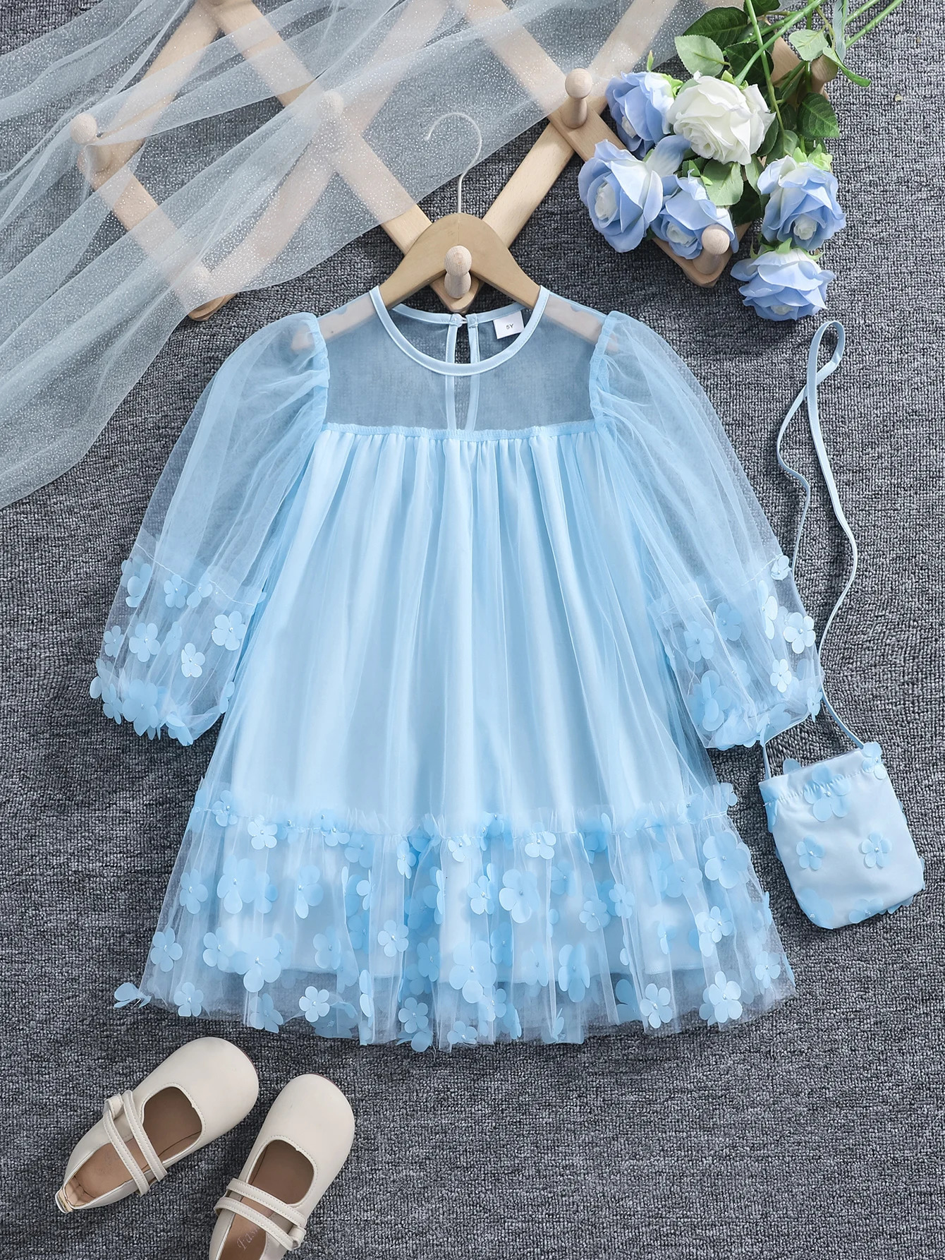 Girls Spring and autumn gauze Mosaic threedimensional flower fashion princess dress with bag dress 251023