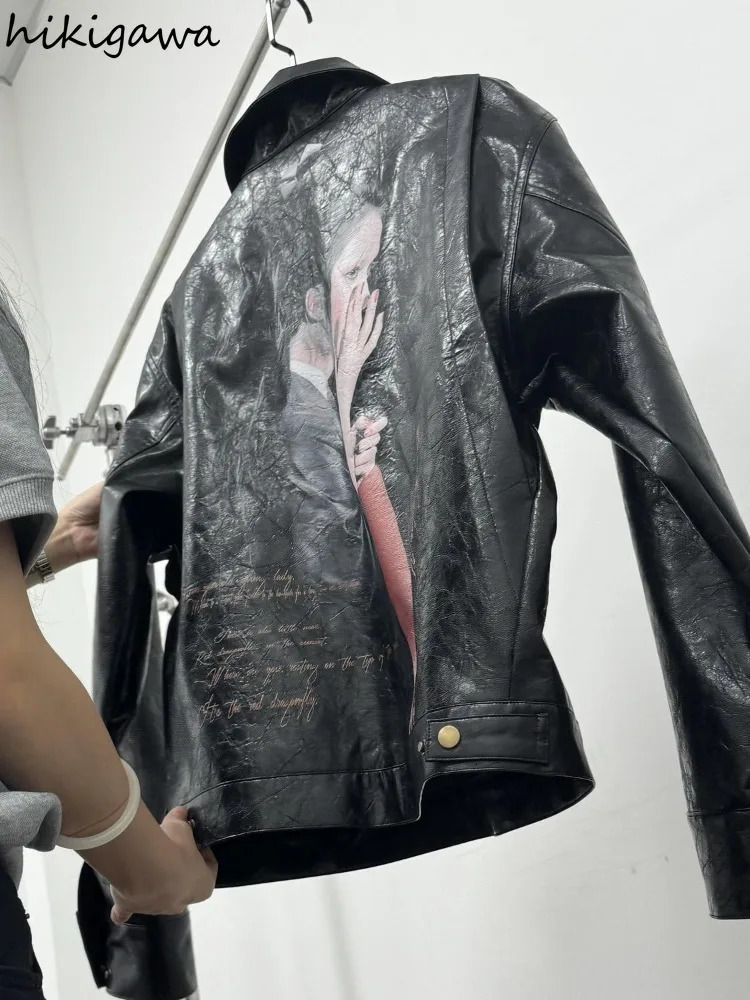 Harajuku PU Women Jackets Autumn Winter Clothes Print Vintage Outwear Streetwear BF Casual Fashion Y2k Tops Korean Leather Coats 251020