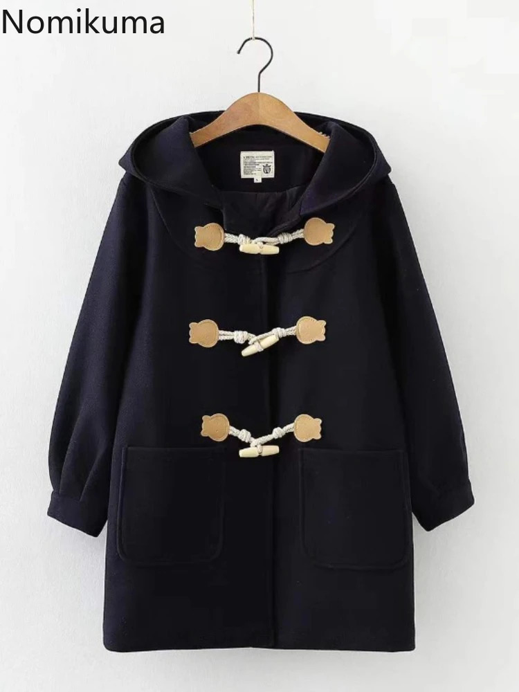 Preppy Style Wool Coat Women Japanese Blends Ropa Mujer Hooded Solid Color Oversized Outwear Casual Fashion Thick Jackets 251020