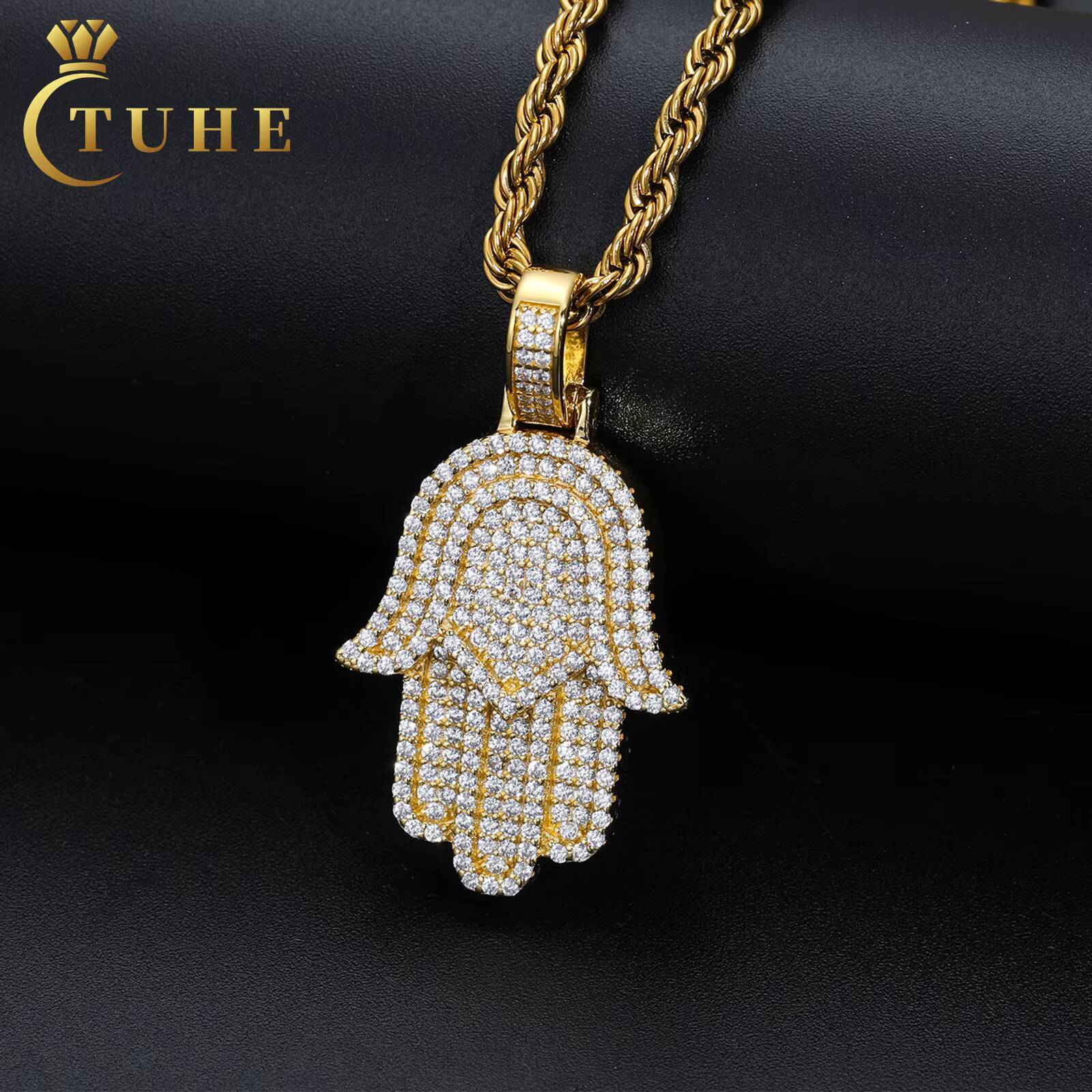 Wholesale Hip Hop Jewelry Gift Rappers 925 Sterling Silver Micro Paved VVS Moissanite Diamond Iced Out Hamsa Hand Pendant