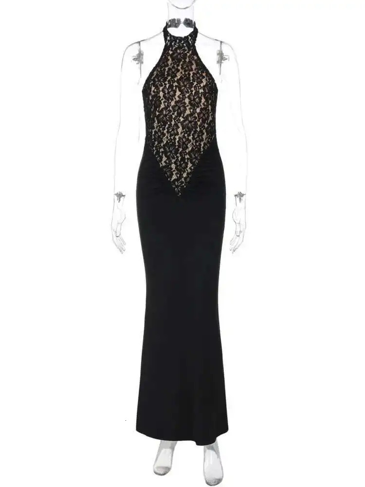 Mozision Lace Halter Backless Sexy Maxi Dress For Women Black Offshoulder Strapless Sleeveless Bodycon Club Party Long Dress 251020