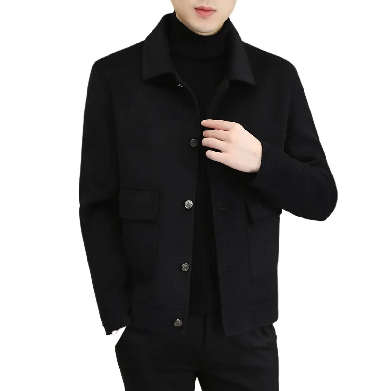 Mens Handstitched Singlebreasted Lapel Wool Coat Autumn Winter Short Doublesided Fashion Handsome 2024 251017