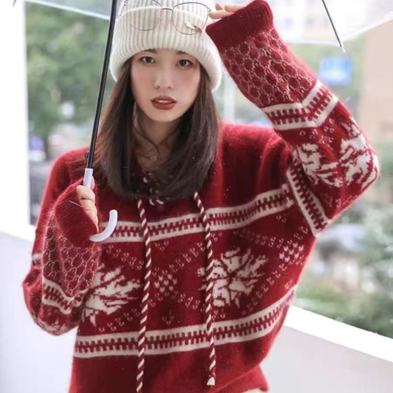 100 pure wool cashmere sweater womens autumn and winter hooded collar pullover fashionable loose knit plus size top 251023