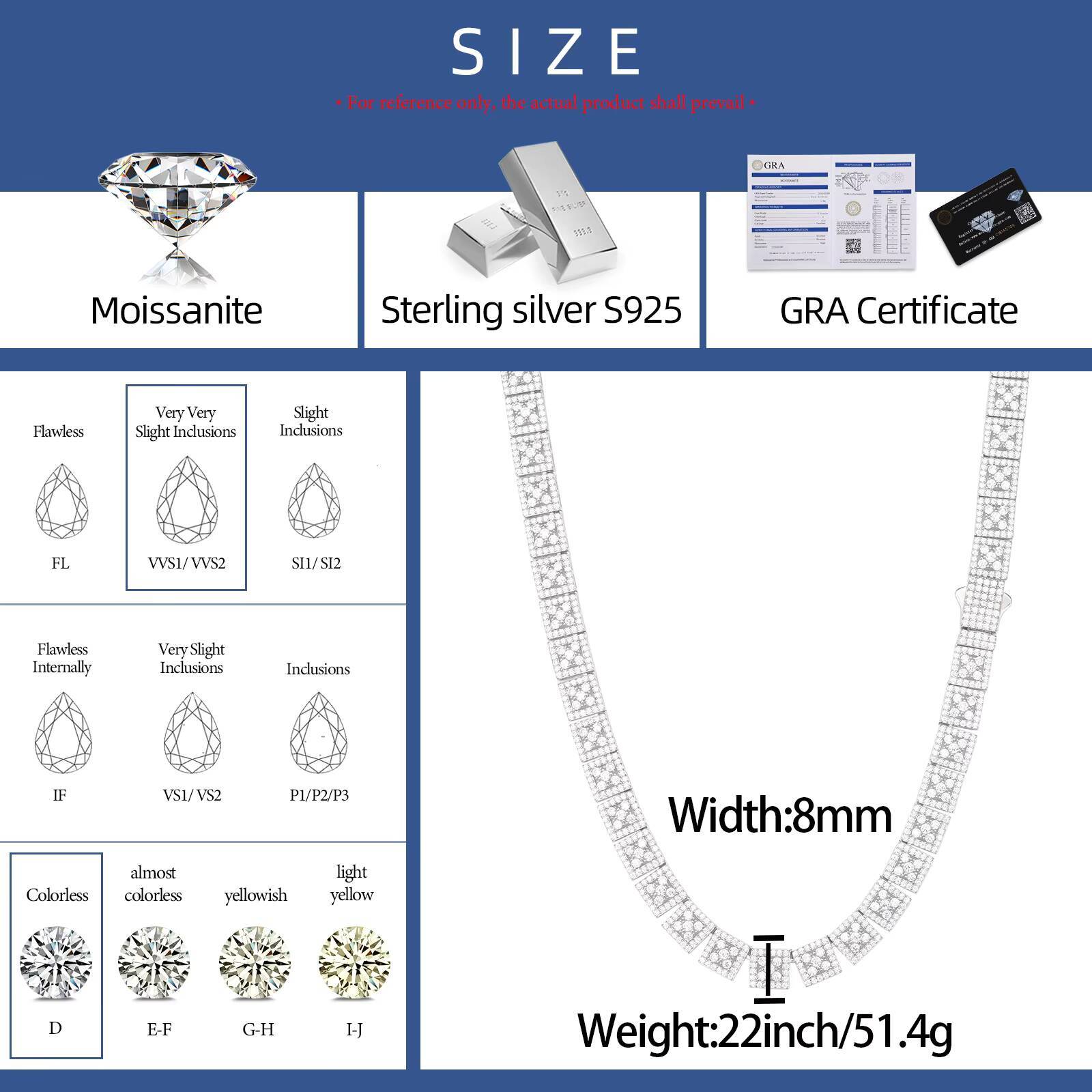Fine Jewelry 8mm 925 Sterling Silver VVS Moissanite Gold Plated Four Leaf Clover Square Geometric Link Chain Necklace