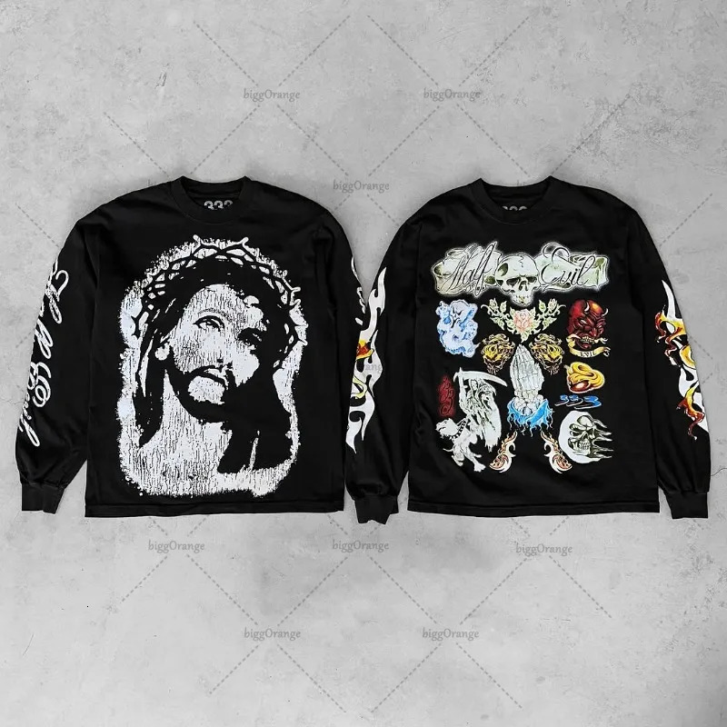 Gothic punk Retro Streetwear Tops Men Hiphop Harajuku Flame Print Long Sleeve High Street Round Neck Casual Oversized Tshirt 251020