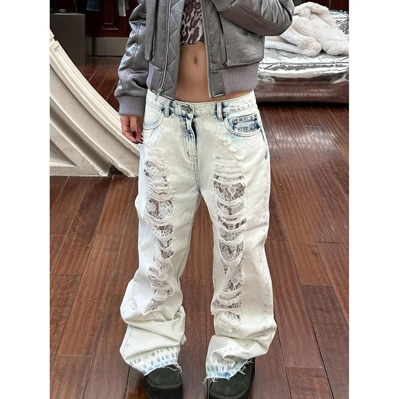 Light Blue Womens Ripped Jeans High Waist Vintage Classic Straight Baggy Denim Pants Street Y2K American Style Wide Leg Denim 251023