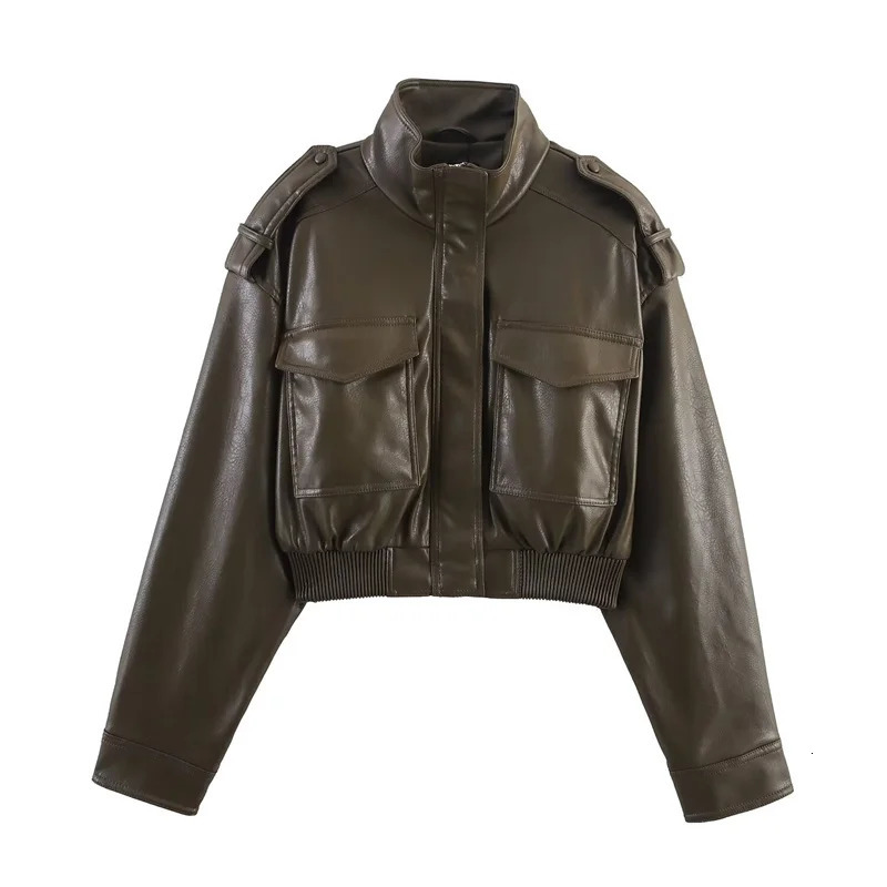 Womens Jacket Fall Dark Green Long Sleeve Faux Leather Short Jacket Biker Style Casual Fashion Personality 251020