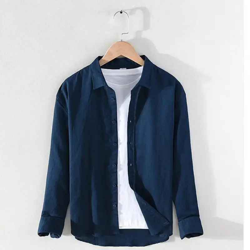 M3XL Spring and Summer Stand Collar Plain Color Longsleeve Vintage Mens Streetwear Single Breasted Linen Shirts 251023