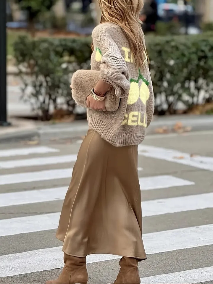 Womens fashionable casual long sleeved button sweater cardigan soft and comfortable loose lantern sleeve lemon knit 251015