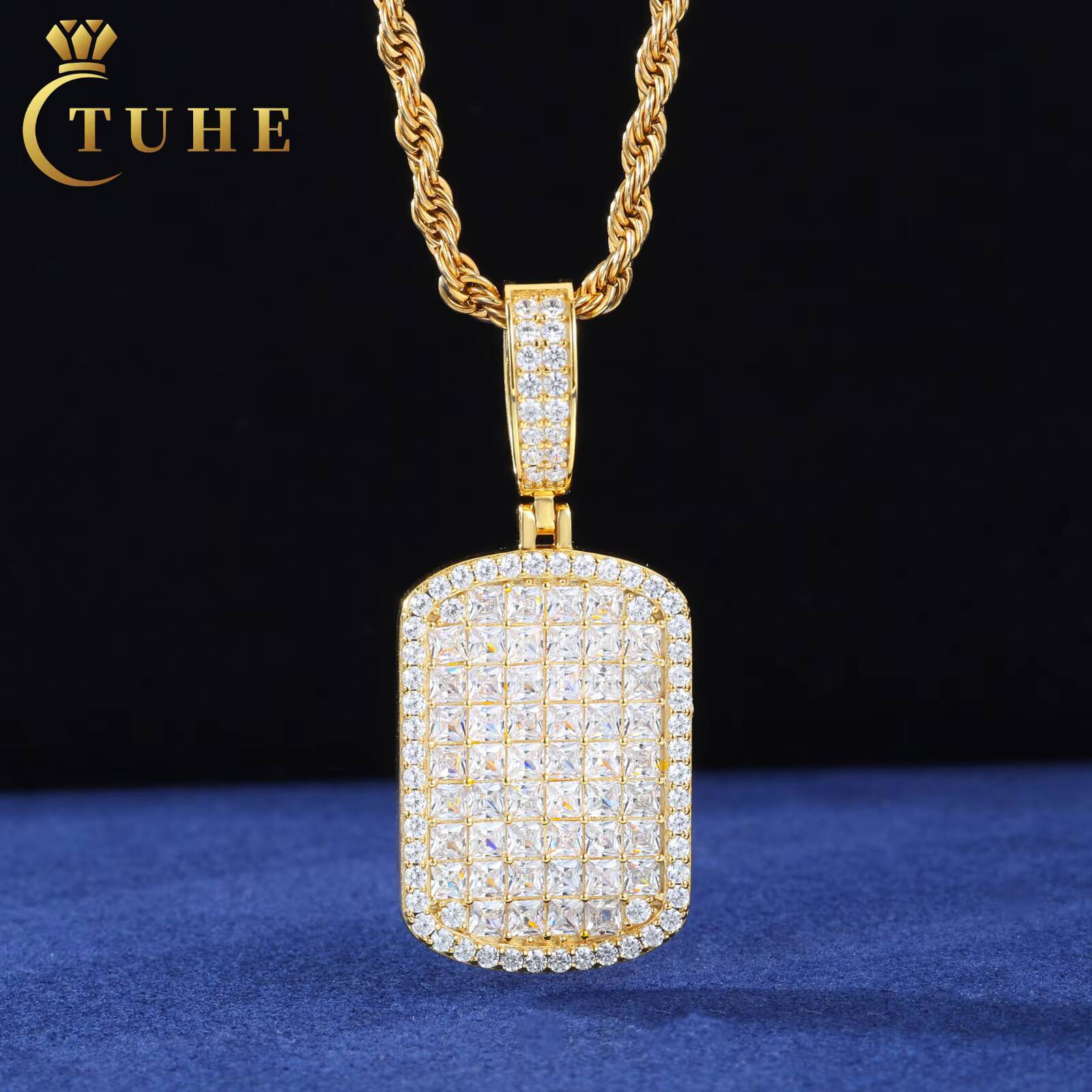 Mens Party Fine Jewelry 18K Gold Plated 925 Sterling Silver Princess Cut Moissanite Diamond Hip Hop Dog Tag Pendant