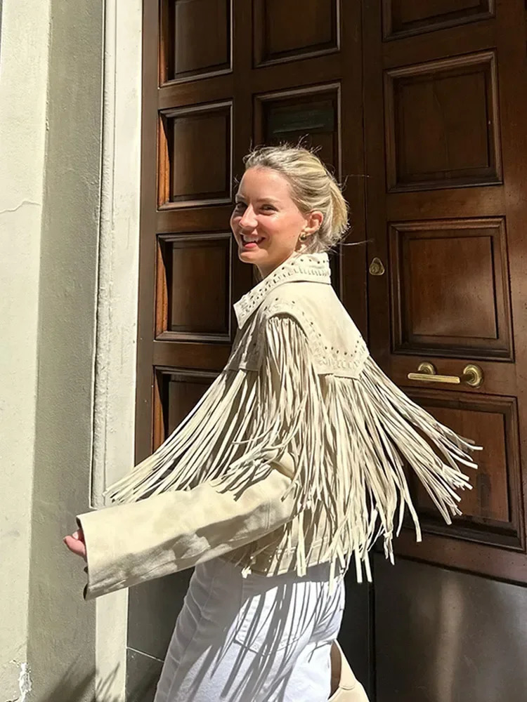 Short Pu Suede Jacket Women Fashionable Long Sleeve Tassel Lapel Collar Cropped Slim Coat Lady Street Outerwear 251020