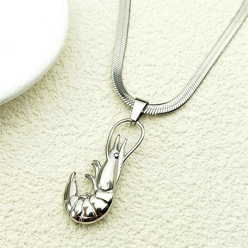 Funny Shrimp Hiphop Neck Chain For Women Men Stainless Steel Silver Color Male Fashion Choker Party Necklace Jewelry Gifts 251023