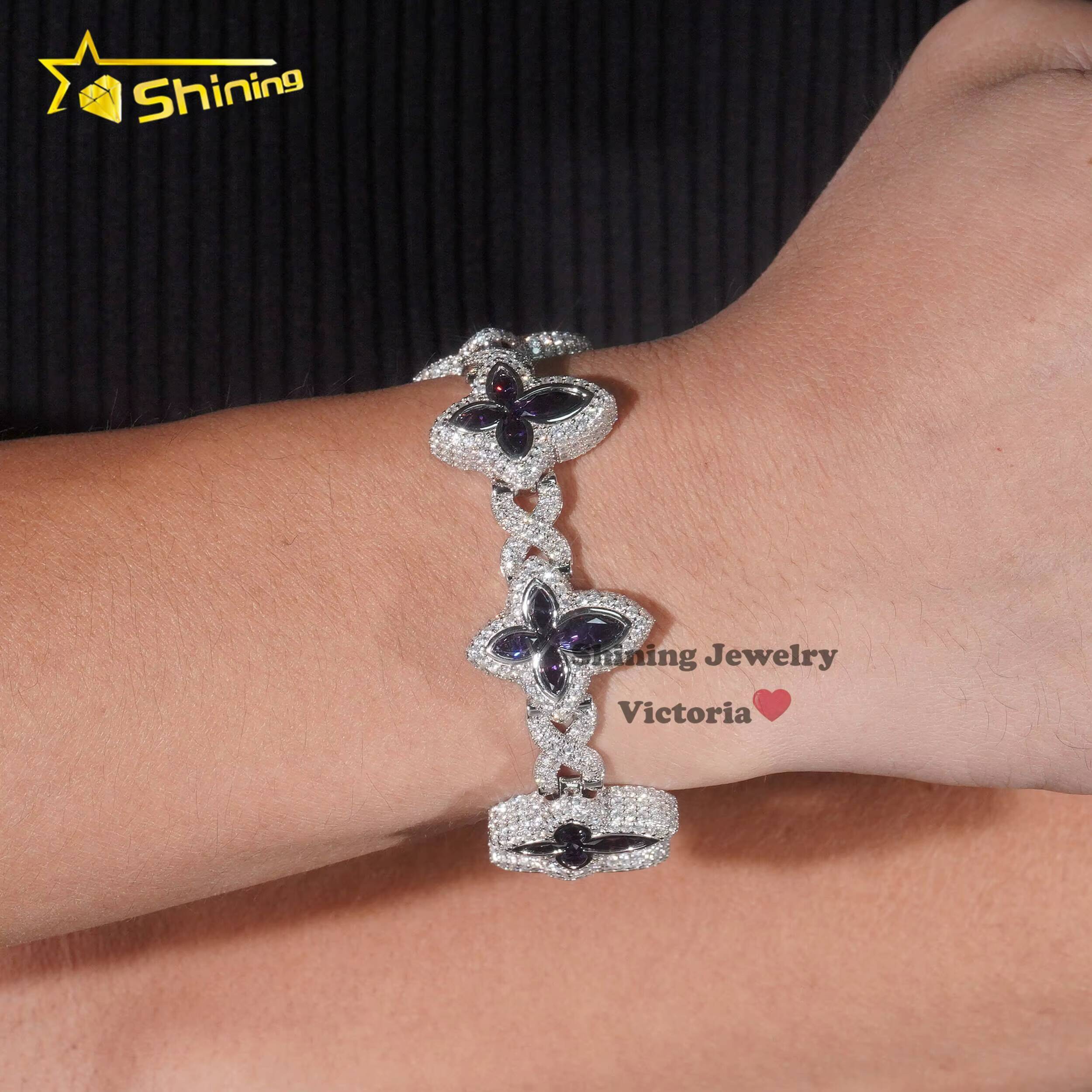 Fine Jewelry 925 Sterling Silver Colored Moissanite Drop Water Pear Shape Black Diamond Clover Hip Hop Infinity Cuban Bracelet