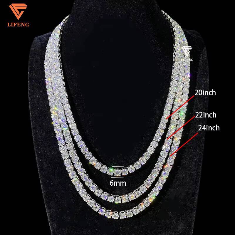 Custom Iced Out Hip Hop Jewelry 6mm VVS Moissanite Diamond Tennis Ball Chain Round Shape 925 Sterling Silver Tennis Necklace