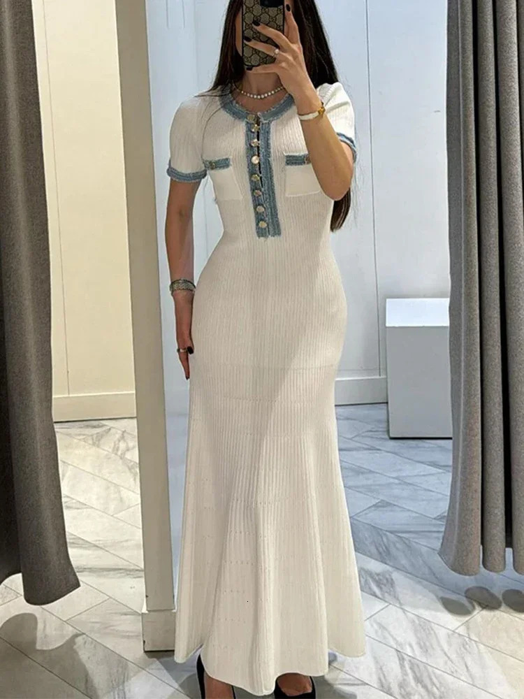 Elegant V Neck Denim Patchwork Knitted Long Dress Women Fashion Short Sleeved Buttons Bodycon Dresses Office Lady Pockets Robes 251023