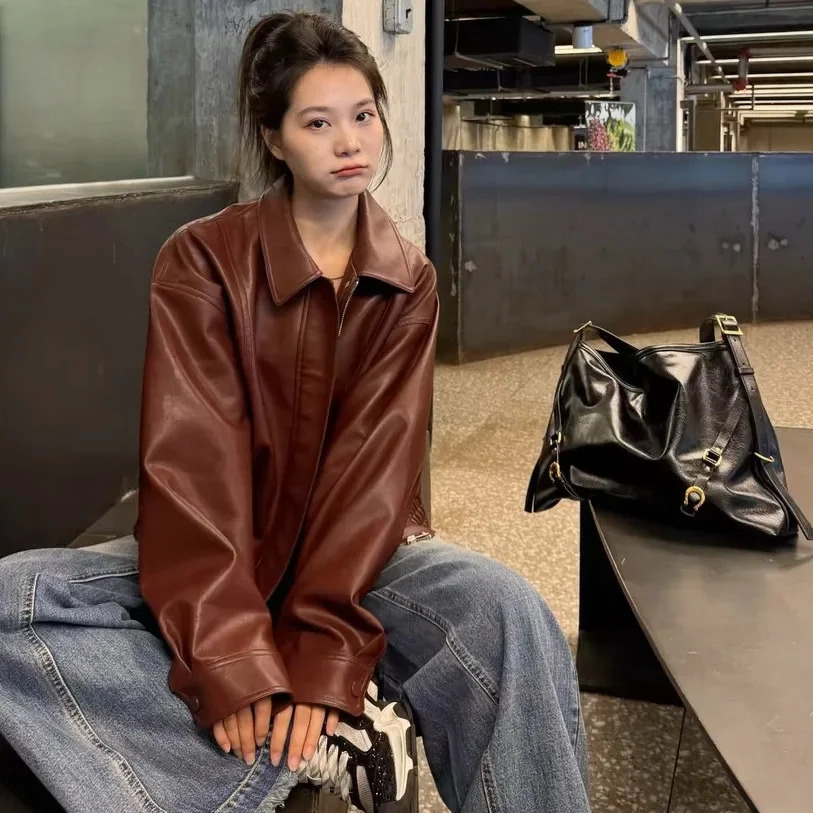Womens Casual Red Leather Jacket Short Autumn Winter Outerwear Polyester Fiber Full Sleeve Sensual Fashion Coat 251015