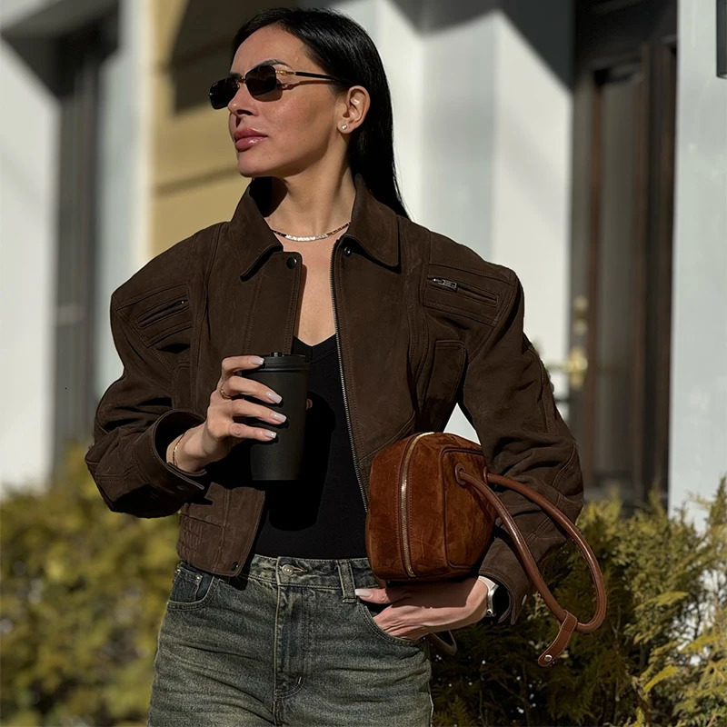 Vintage Suede Jacket For Women Long Sleeve Pocket Turndown Collar Zipper Short Coat Autumn Winter Streetwear Lady Outwears 251020