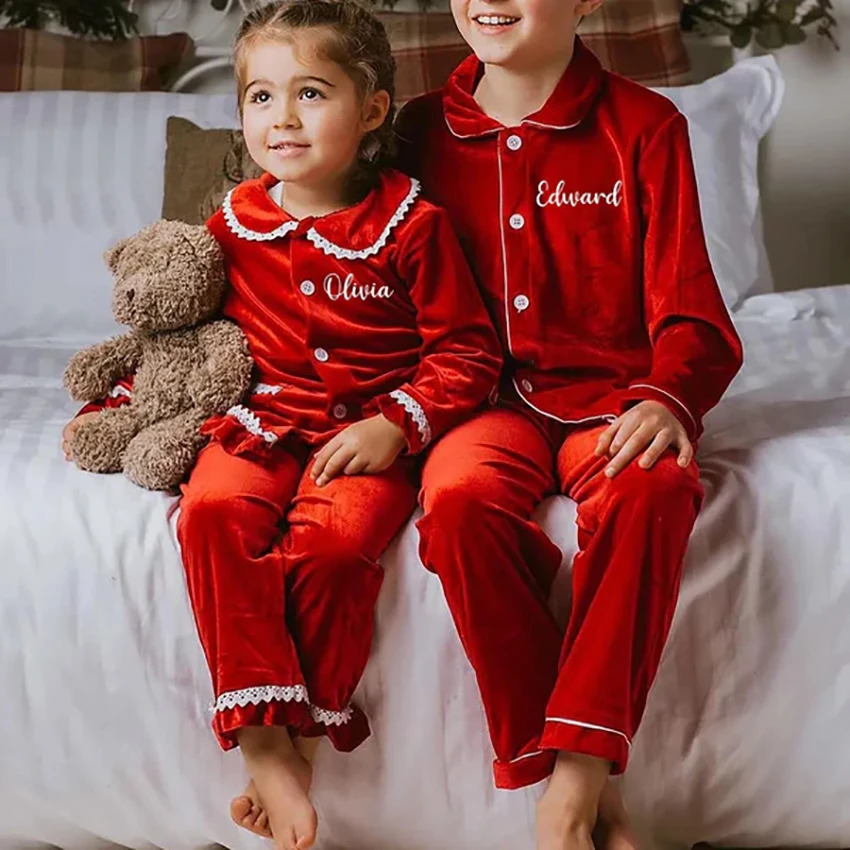Mudbala Kids Baby Boys Sibling Matching Outfits Red Velvet Santa Pajamas Set Winter Baby Girls Lace Christmas Pyjamas 251023