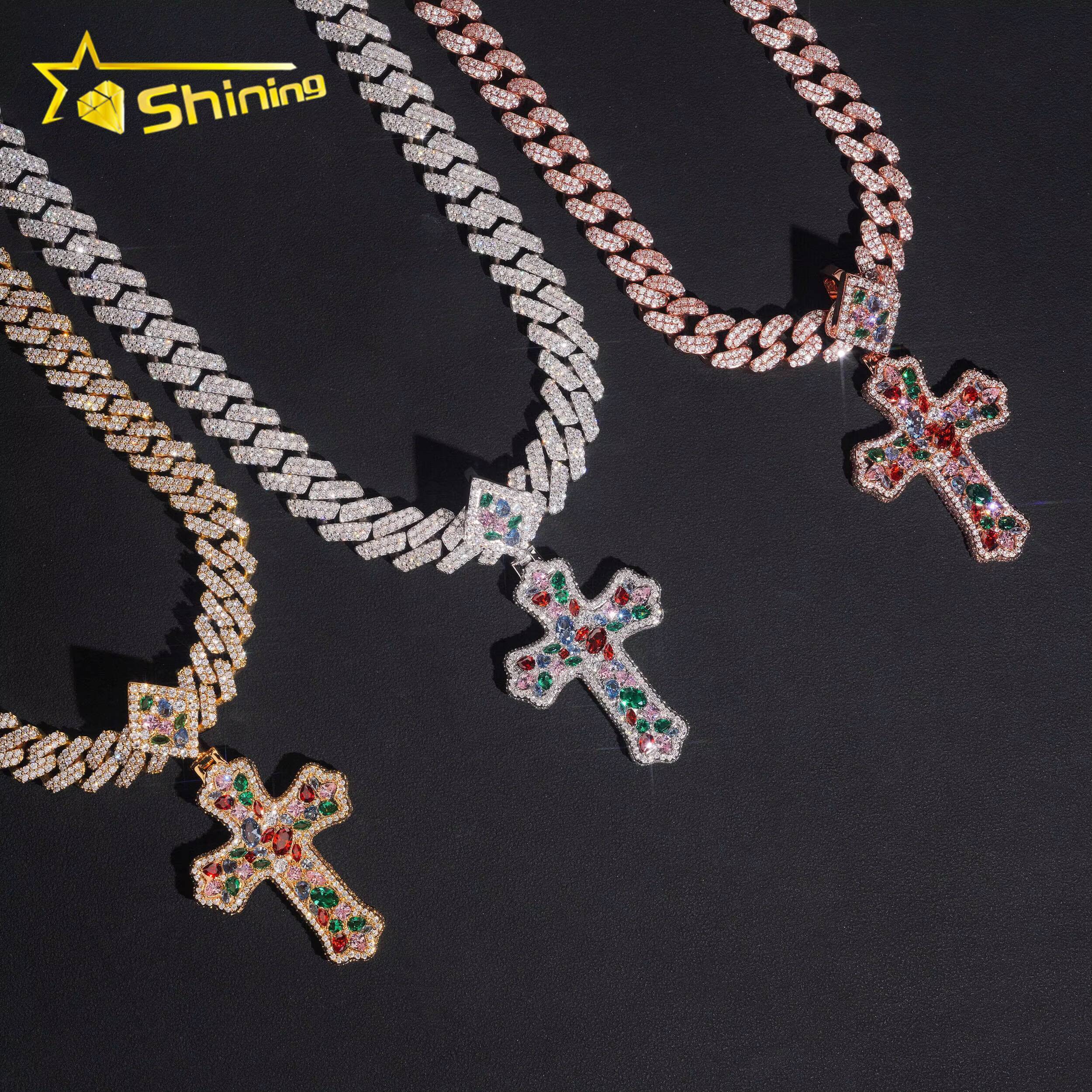 Fashion Pendant Charm Iced Out Brass Colorful CZ Diamond Cross Pendant Rapper Cool Style Hip Hop Pendant for Necklace