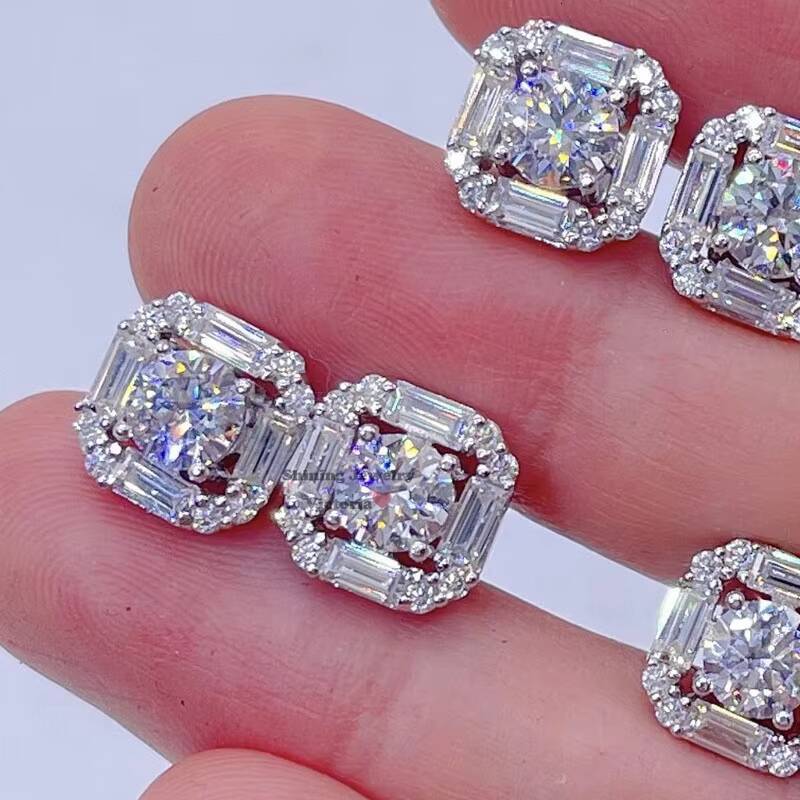 13mm Solid Silver 925 Vvs Moissanite Screw Back Stud baguette Diamond Earrings