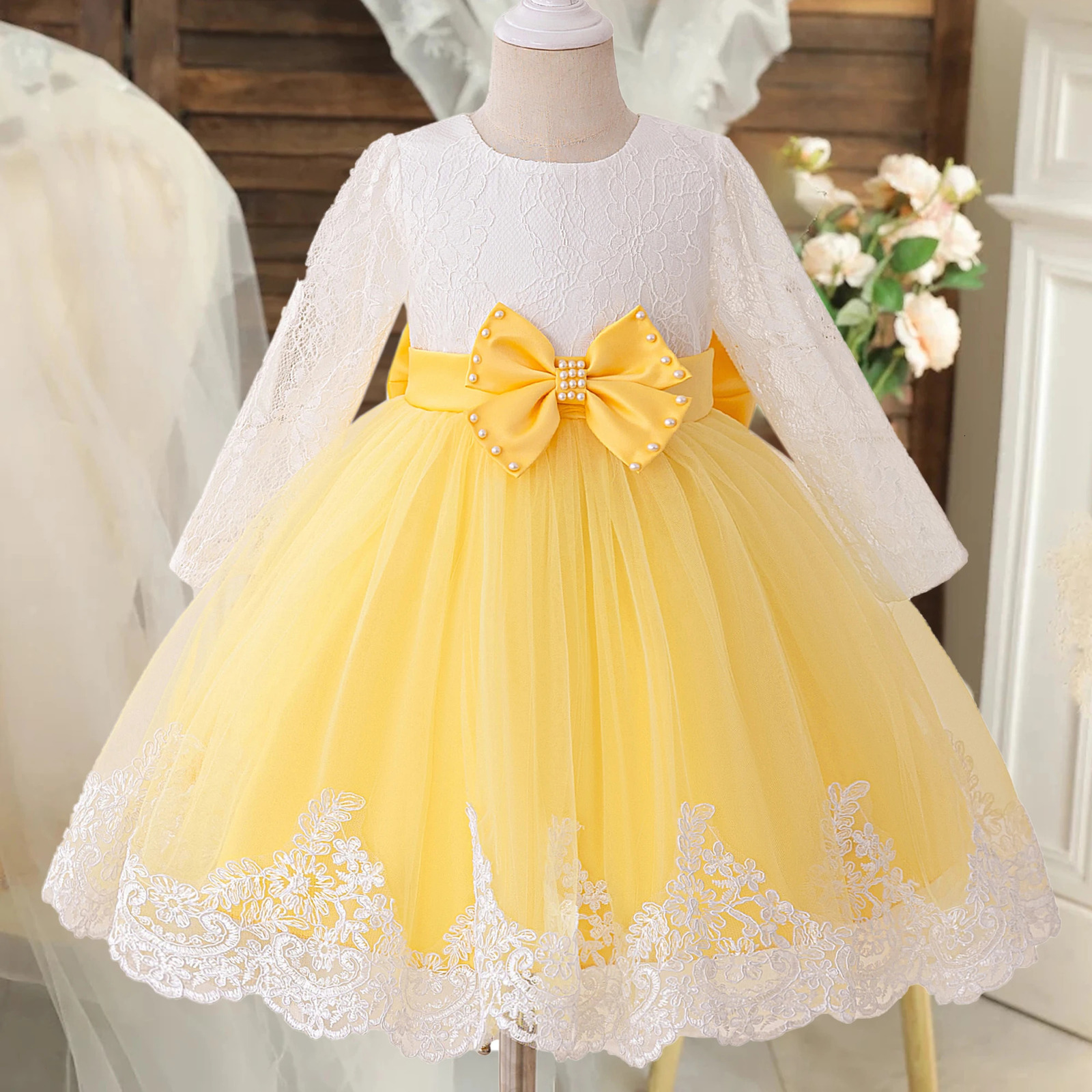 Elegant Bow Bridesmaid Party Girls Dress Long Sleeve Lace Baptism Princess Birthday Prom Dress Girl Wedding Pageant Kids Costume 251023