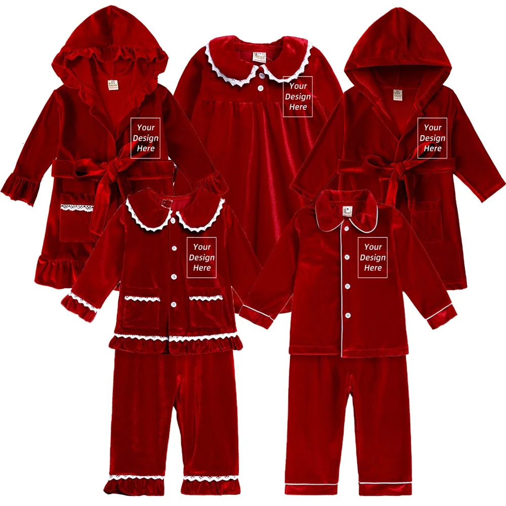 Kids Christmas Costume Custom Red Velvet Print Overalls Family Match Boy Girl Robes Dress Suit First Kids Clothes 251023