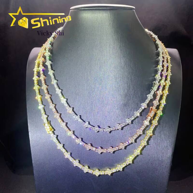 Worldwide Shipping Hip Hop Jewelry S925 Silver Gold Plated 3mm Cross Necklace VVS Moissanite Tennis Chain