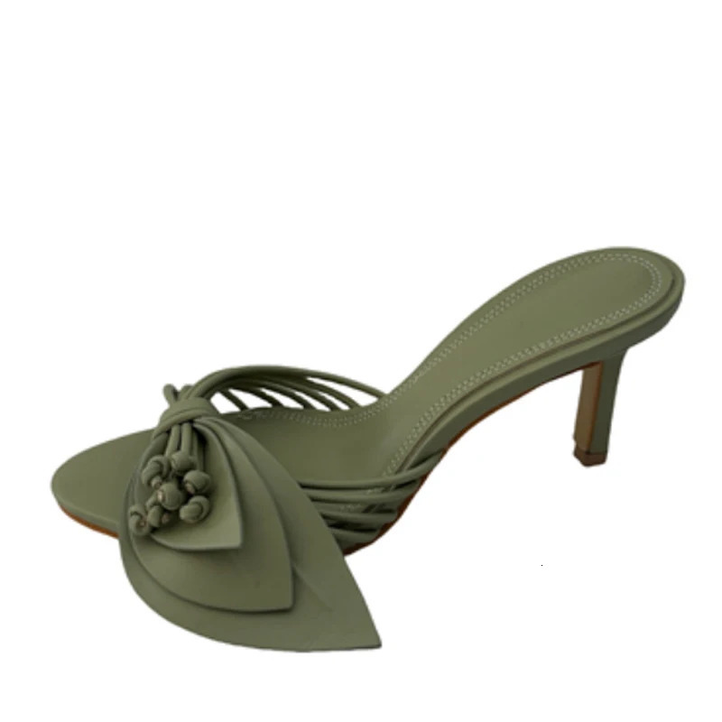 Liyke Women Green Leaf Narrow Band Summer Slipper Sandal Street Fashion Open Toe Mules Thin Low Heels Party Dress Shoes 251023