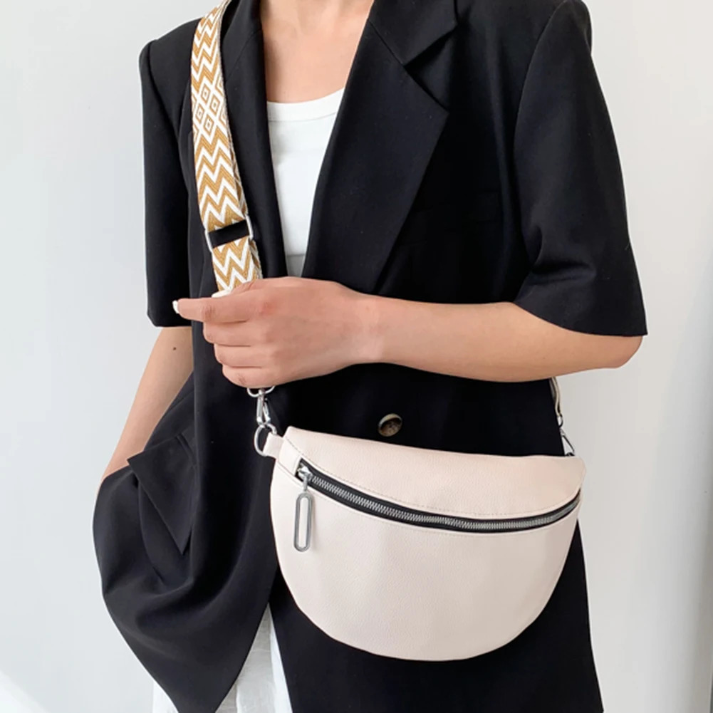 Crossbody Bag Wide Jacquard Strap Traveling Chest Bag PU Leather Fashion Casual Solid Color Portable Simple for Outdoor Hiking 251023
