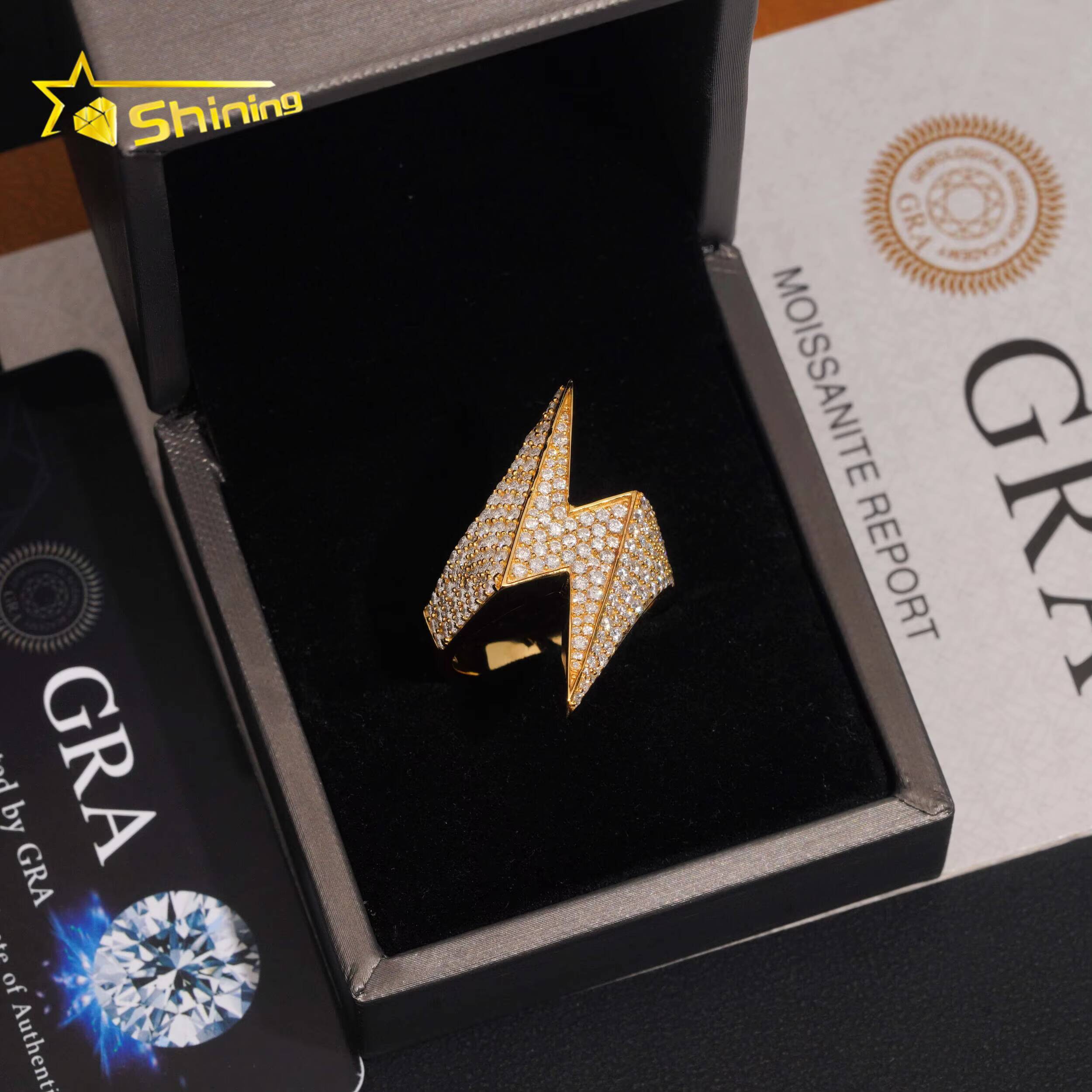 VVS Moissanite Fine Jewelry Ring High Quality 925 Sterling Silver Gold Plated Lighting Symble Pave Diamond Hip Hop Ring for Men