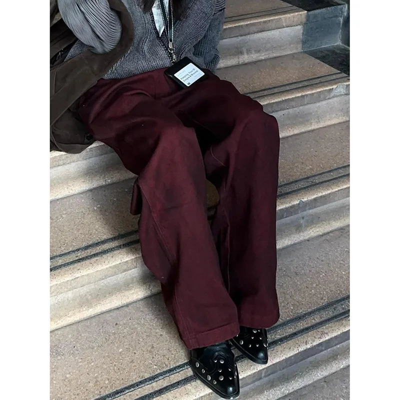 2025 Vintage Women Burgundy Jeans High Waist Y2K ed American Style Streetwear Denim Pants Casual Female 90S Trousers 251023