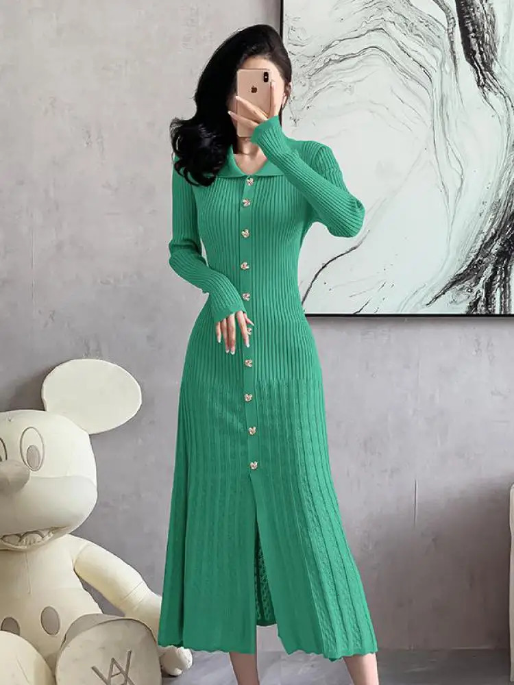 Autumn Womens Black Beige Single Breasted Knitted Long Dress Green Elegant Office Lady Long Sleeve Pleated Dress Trend 251023