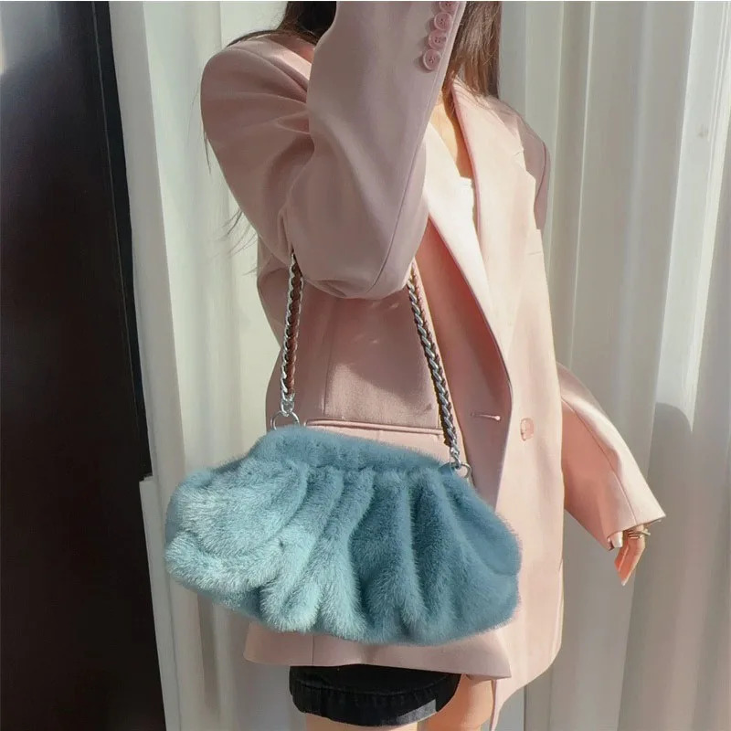 Womens Fur Handbag Bag Imitation Mink Fur Cloud Bag Plush Handbag 251023