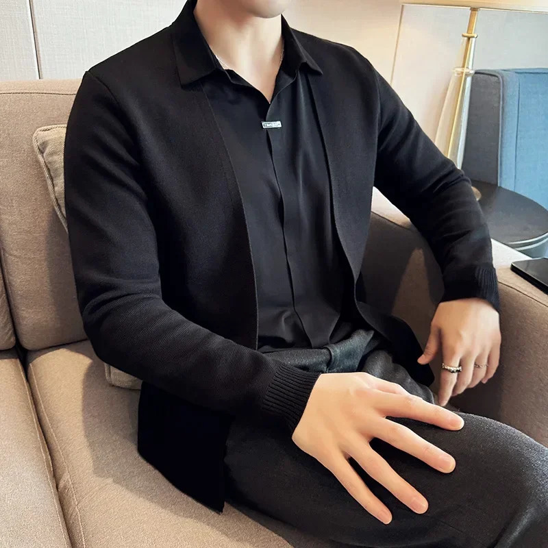 Autumn 2 Pieces Knitted Cardigan Traceless Shirt Collar Spliced Casual Pullovers Fashion Men Slim Sweater Coats 4XLM 251020