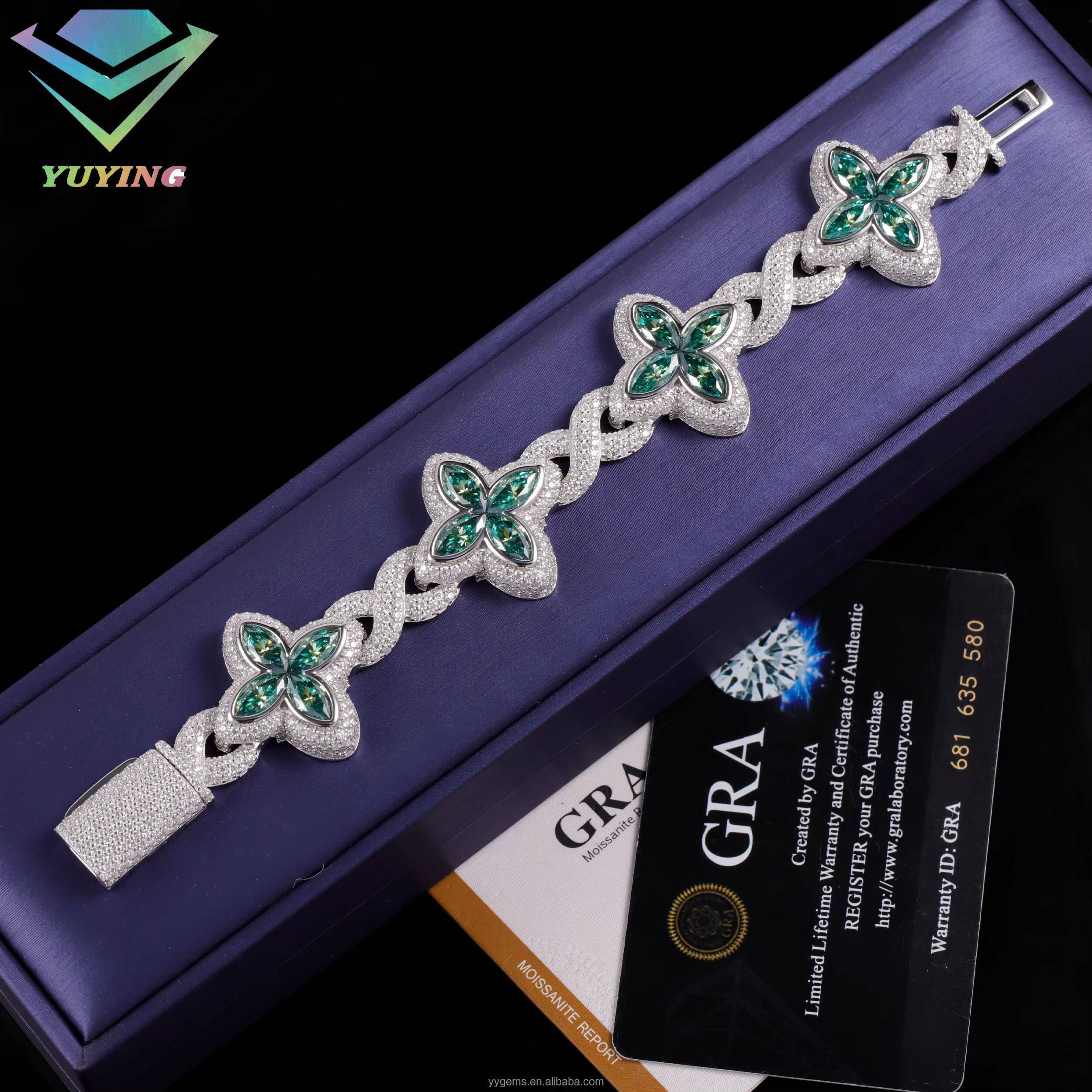 Yy New Arrived Iced Out Clovers Moissanite Bracelets Cuban Chain 925 Sterling Silver Fine Jewelry Bracelets for Men Women