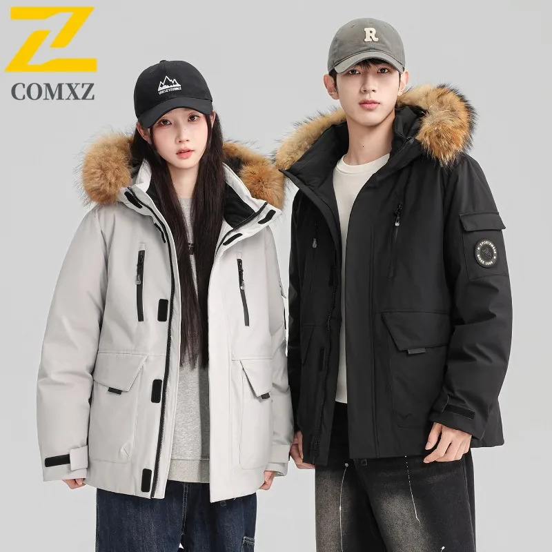 COMXZ Winter Down Jacket Men Women Highquality Warm Fluffy Fur Collar White Duck Down Coat Parkas Korean Hooded Ski Puffer 251020