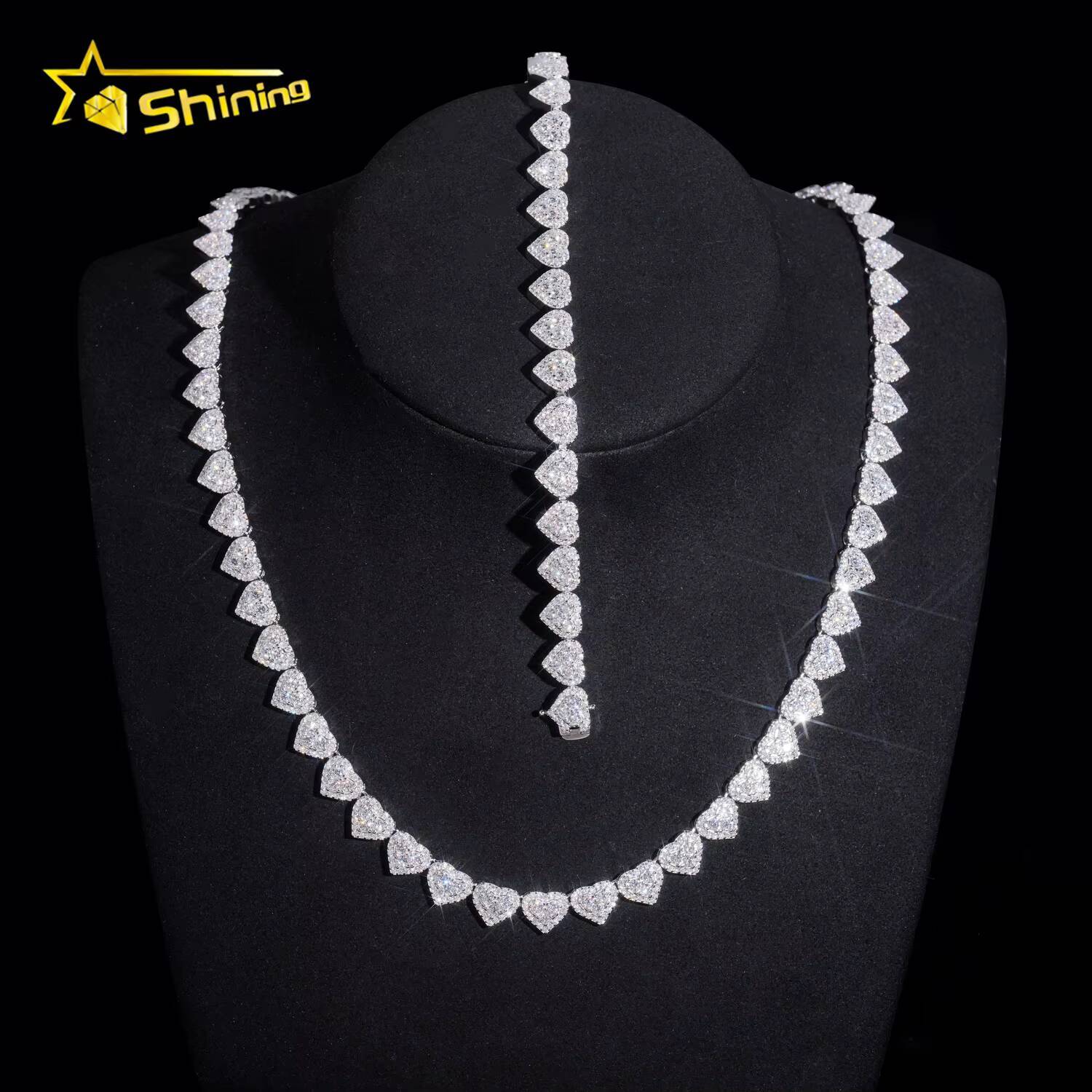 Hot Selling 8mm Width Heart Shape Iced Out VVS Moissanite Chain Cuban Link Hip Hop 925 Silver Men Moissanite Necklace