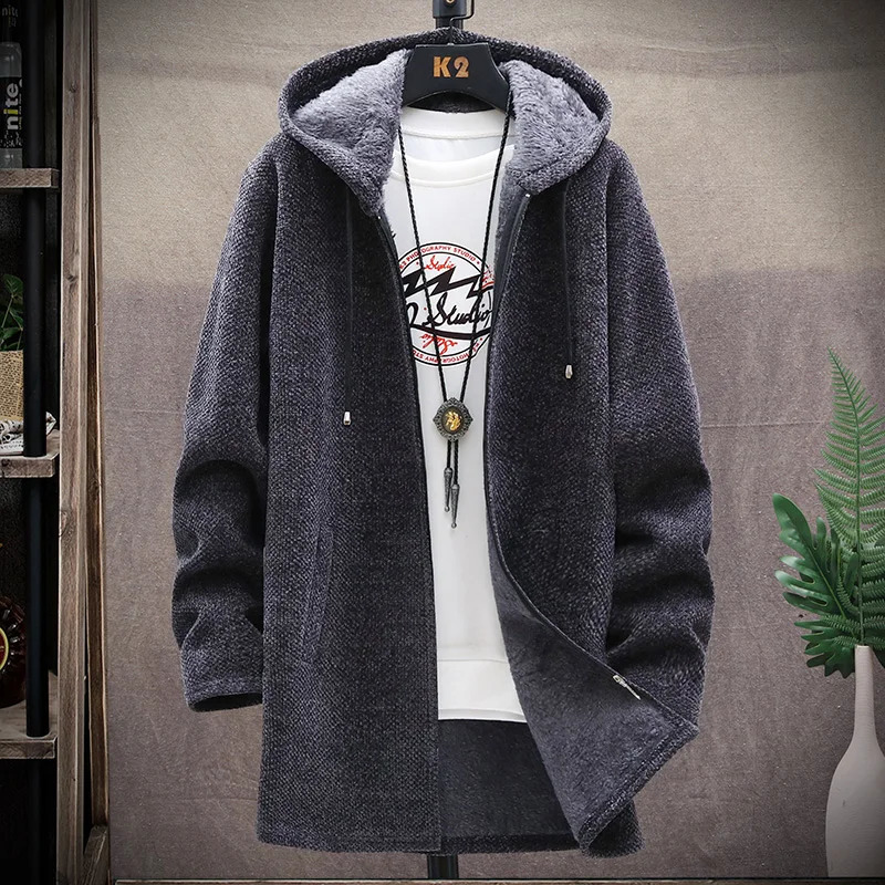 Mens Long Knit Cardigan Autumn Winter Sweater Coat Fleece Heavy Hooded Trench Coat Solid Chenille Mens Fashion Jacket 251020