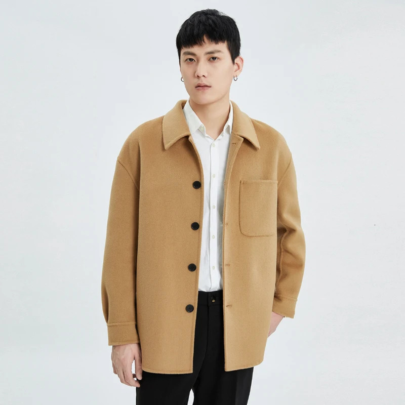 Autumn Winter Woolen Coat Men Drop Shoulder Sleeve Loose DoubleSided 100 Wool Short Lapel Shirt Style Jacket 251017