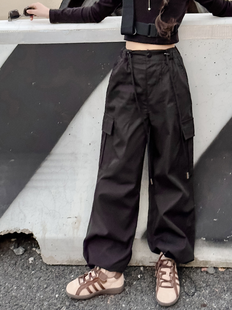 Free Shipping 2025 Spring Girls Parachute Cargo Pants, American Style High-Waisted Wide-Leg Joggers, Loose Casual Trousers for Big Kids & Teens