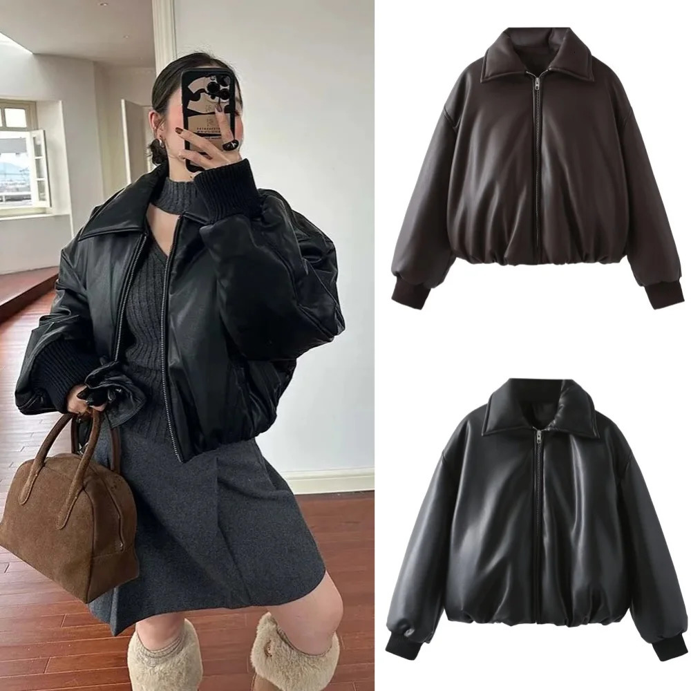Fall Winter Faux Leather Jacket for Women Oversized Streetwear Cotton Padded Parkas Short Bomber Coat Warm 251017