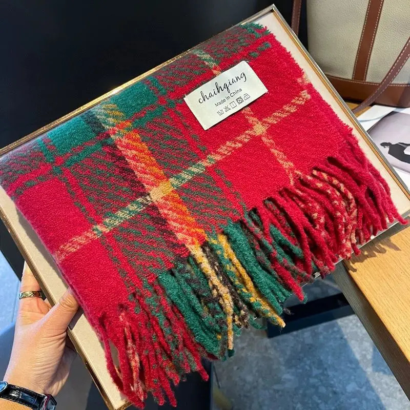 Women Winter Red Plaid Christams Scarf Cashmere Warm Pashmina Scarves Blanket Wraps Female Thick Soft Tassel Shawl Long Poncho 251024