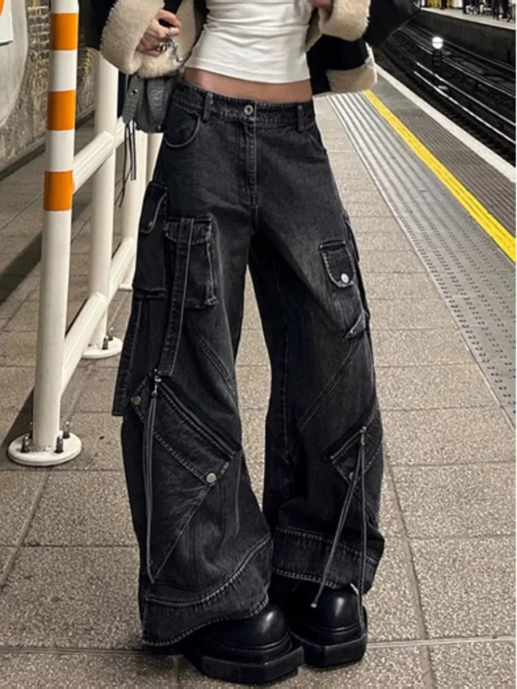 Punk Style Y2K Streetwear Washed Black Baggy Cargo Jeans Pants For Women Clothes Wide Leg Lady Trousers Ropa Mujer 251023