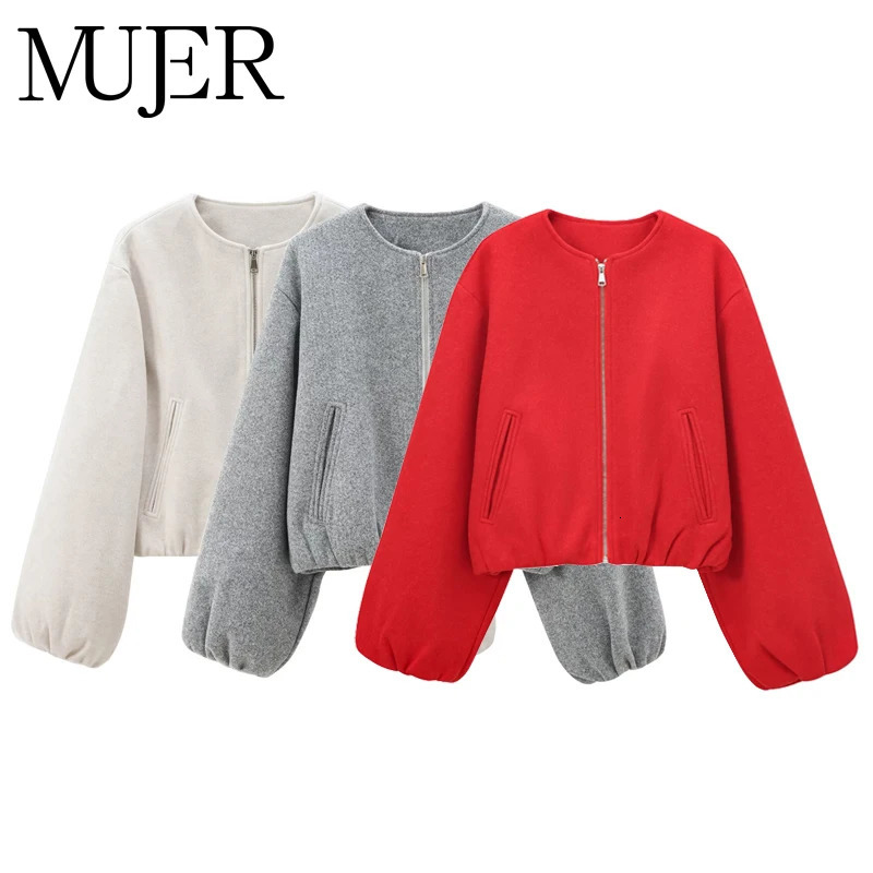 MUJER Red Zipper Bomber Jackets for Women Soft Cropped Woman 2025 Long Sleeve Womans Sports Jacket in Outerwears 251015