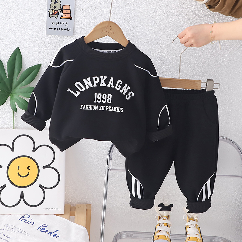 Free Shipping 2025 Spring Autumn Boys Letter Print Sweatshirt Set, Korean Style Round Neck Hoodie with Long Pants, Casual Sportswear for Kids