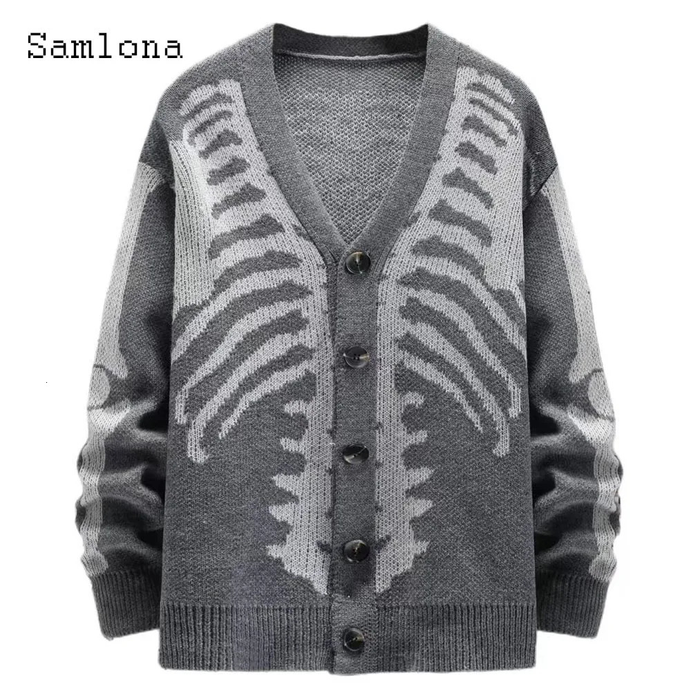 Plus Size Mens Casual Retro Knitted Sweaters Halloween Gothic Fashion Skull Print Top Cardigan Mens Collarless Sweater 251020