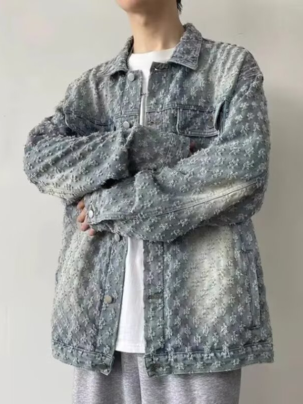Designer Men's Denim Jacket Washed Jacquard Pattern Loosen Fit Vintage design Coats Jackets Tops Males Casual Winter Clothes Asian Size M-3XL