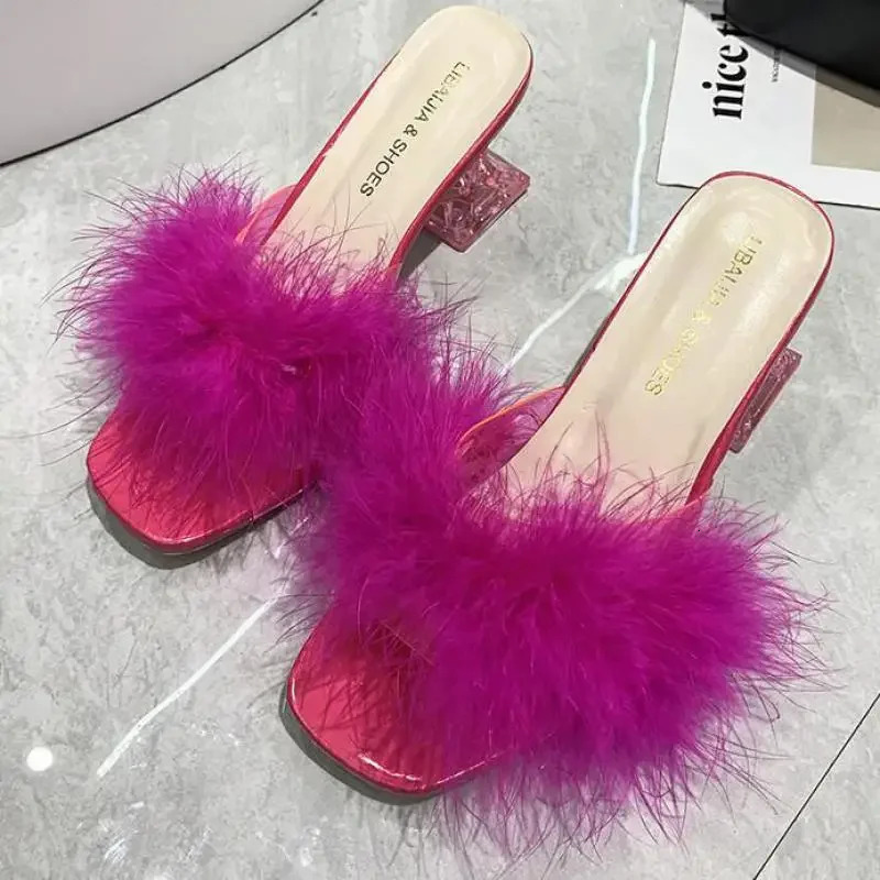 Summer Fluffy Peep Toe Sexy High Heels Women Shoes Fur Feather Lady Fashion Slip On Ytmtloy Indoor House Slippers 251023