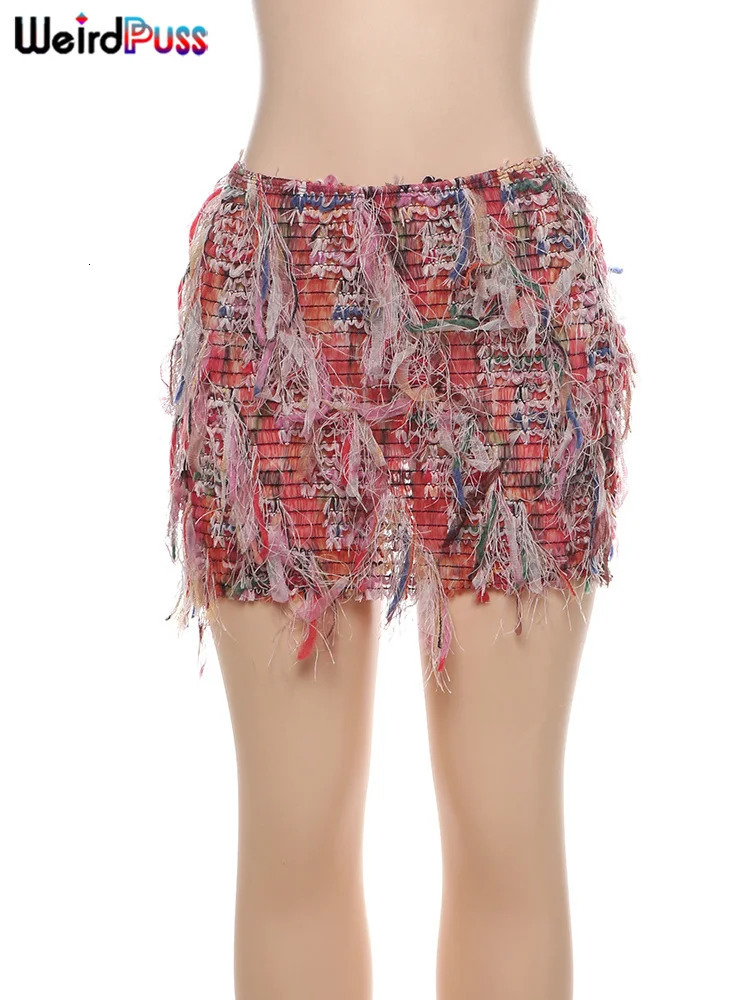 Weird Puss Colorful Tassel Skirts Peach Hip Women Thin Knit Wild Sexy Midnight Summer Trend Stretch Skinny Streetwear Bodycon 251020