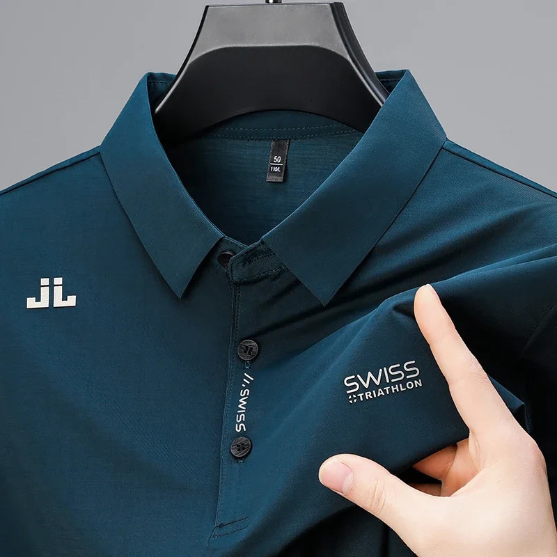 Mens Business Casual Short Sleeved Shirt with Badge Solid Color Polo Shirt Fashionable Breathable Comfortable Versatile Top 251020